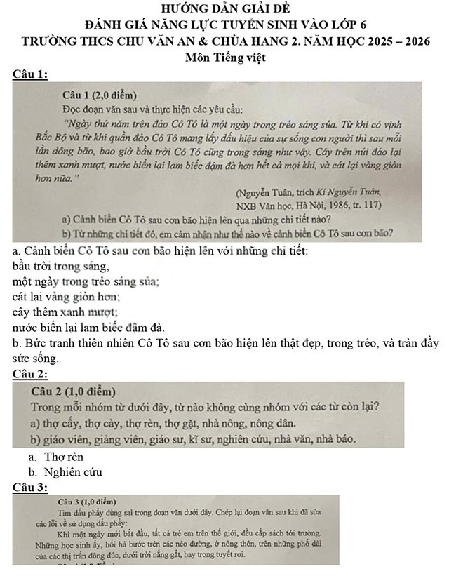 Đáp án đề thi vào lớp 6 môn Tiếng Việt THCS Chu Văn An, THCS Chùa Hang II