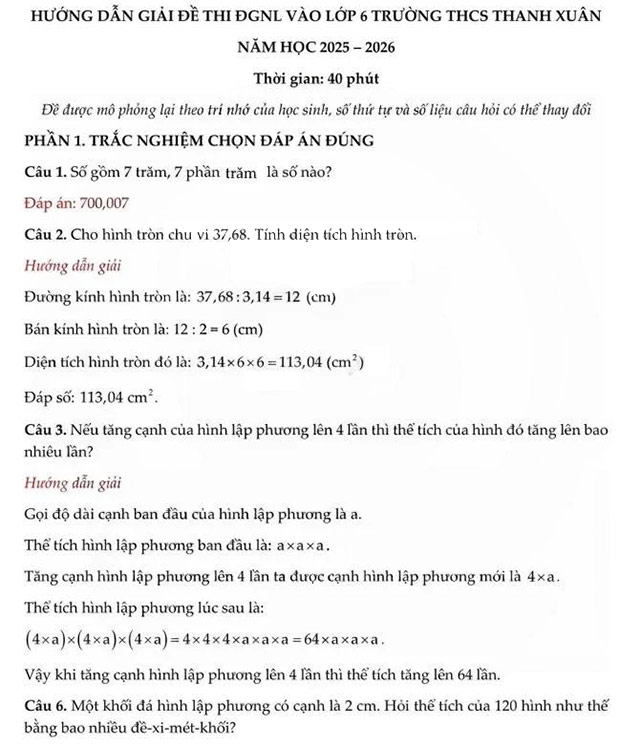 Đáp án đề thi vào lớp 6 môn Toán trường THCS Thanh Xuân