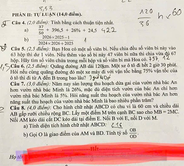 Đề thi vào lớp 6 môn Toán trường THCS Lê Quý Đôn