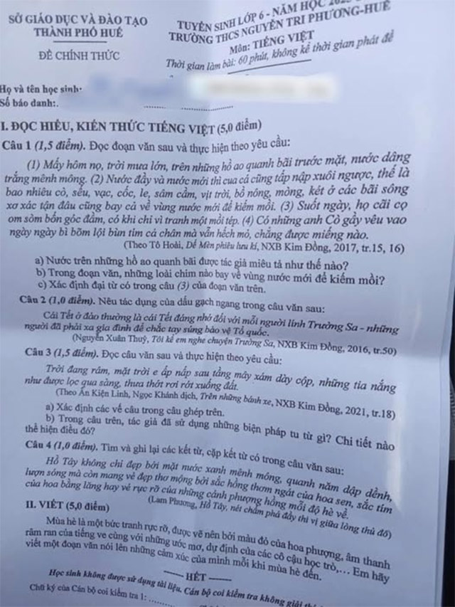  Đề thi vào lớp 6 môn Tiếng Việt THCS Nguyễn Tri Phương 2025 