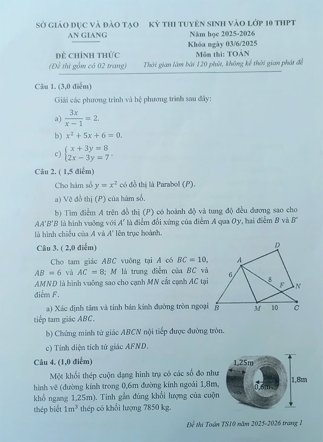 Đề thi vào lớp 10 môn Toán An Giang năm 2025