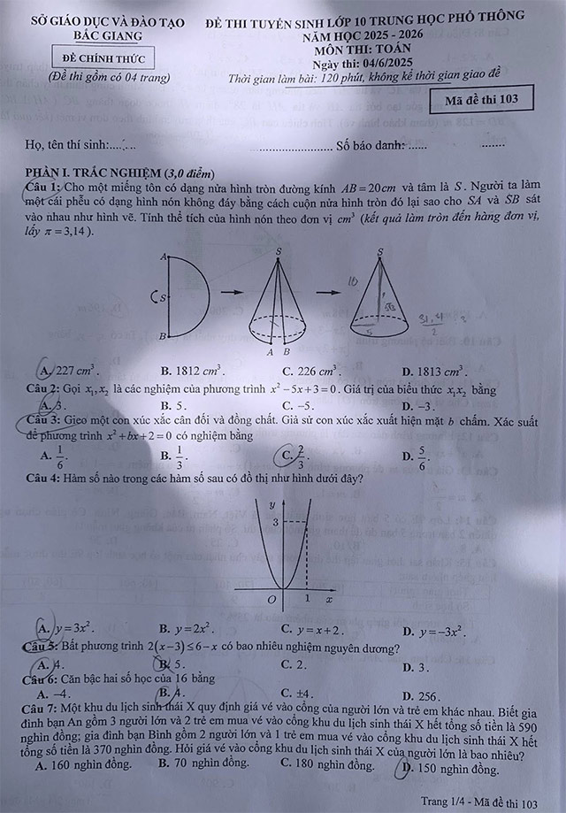 Đề thi vào lớp 10 môn Toán Bắc Giang năm 2025