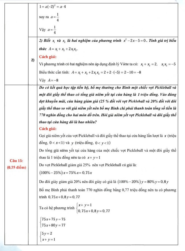 Đáp án đề thi vào lớp 10 môn Toán Bắc Giang