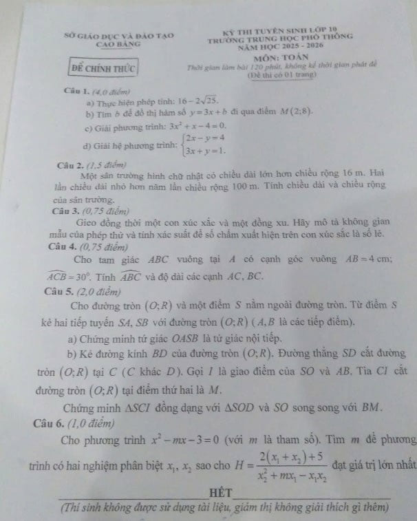 Đề thi vào lớp 10 môn Toán Cao Bằng năm 2025