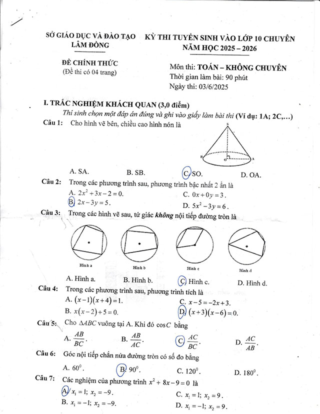 Đề thi vào lớp 10 môn Toán THPT Chuyên Lâm Đồng