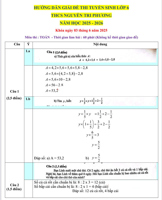 Đáp án đề thi vào lớp 6 môn Toán Nguyễn Tri Phương 2025