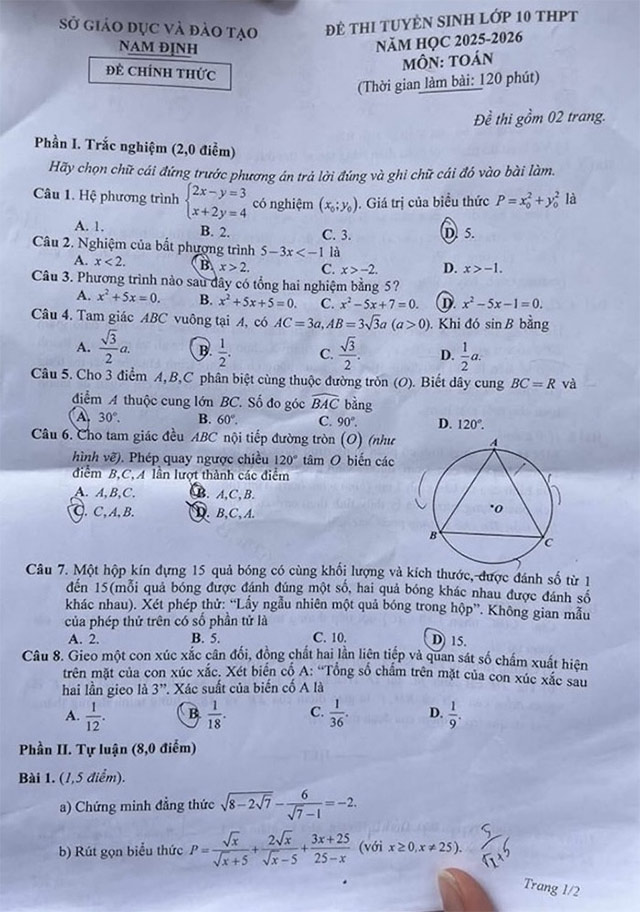 Đề thi vào lớp 10 môn Toán Nam Định năm 2025