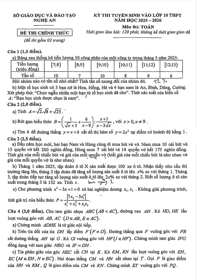 Đề thi vào lớp 10 môn Toán Nghệ An năm 2025