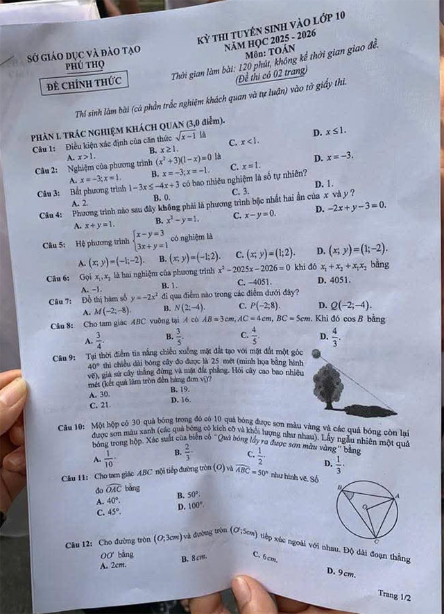 Đề thi vào lớp 10 môn Toán Phú Thọ năm 2025