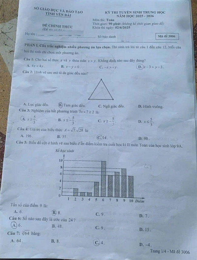Đề thi vào 10 môn Toán Yên Bái