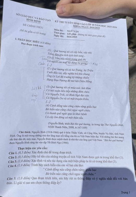Đề thi vào 10 môn Văn Bình Định năm 2025