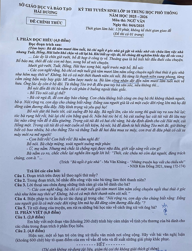 Đề thi vào lớp 10 môn Văn Hải Dương năm 2025