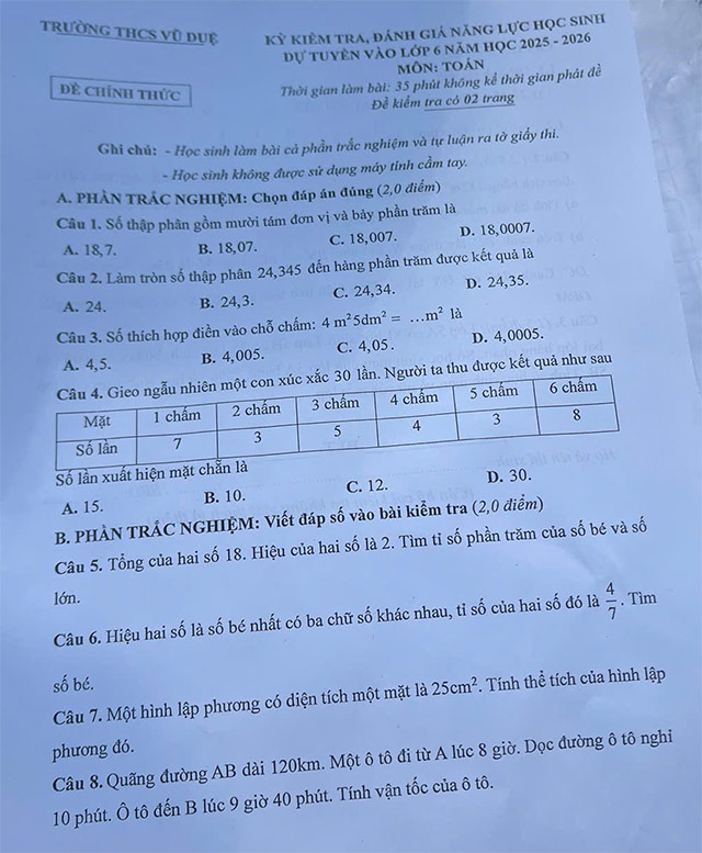 Đề thi vào lớp 6 môn Toán THCS Vũ Duệ năm 2025 - 2026