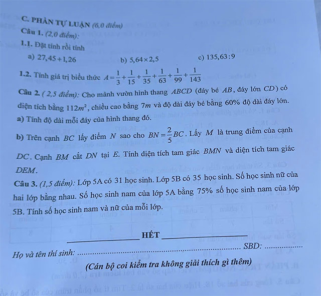 Đề thi vào lớp 6 môn Toán THCS Vũ Duệ năm 2025 - 2026