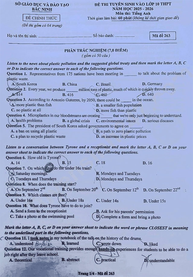 Đề thi vào 10 môn Anh Bắc Ninh năm 2025