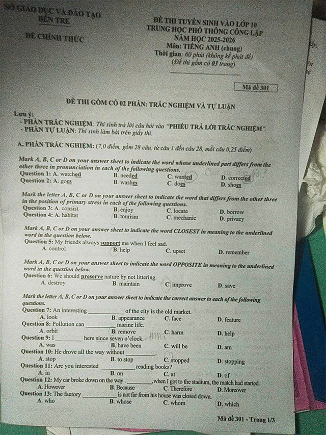 Đề thi vào lớp 10 môn Anh Bến Tre năm 2025