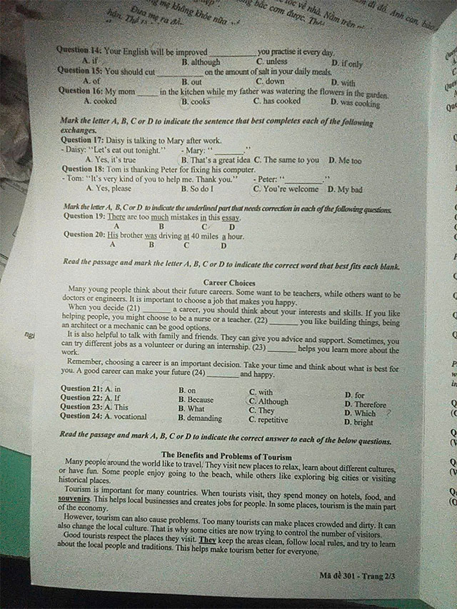 Đề thi vào lớp 10 môn Anh Bến Tre năm 2025