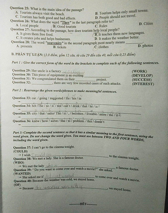 Đề thi vào lớp 10 môn Anh Bến Tre năm 2025