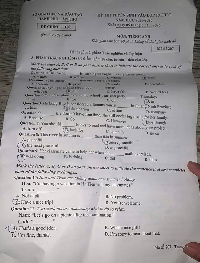 Đề thi vào 10 môn Anh Cần Thơ năm 2025