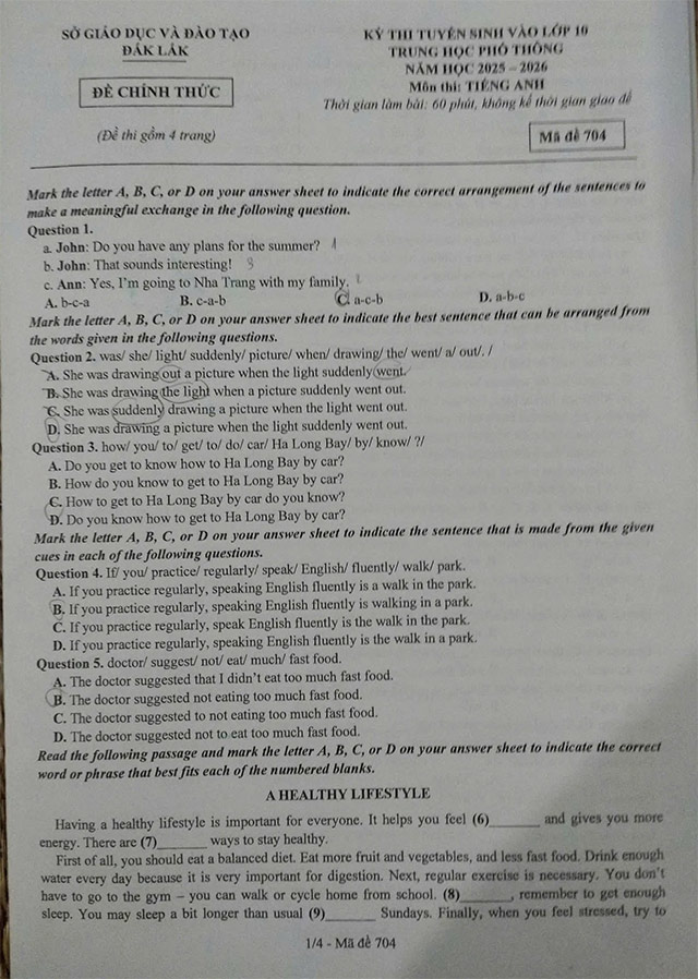 Đáp án đề thi vào 10 môn Anh Đắk Lắk