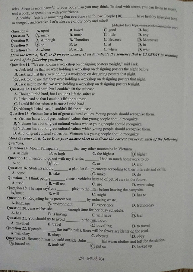 Đáp án đề thi vào 10 môn Anh Đắk Lắk