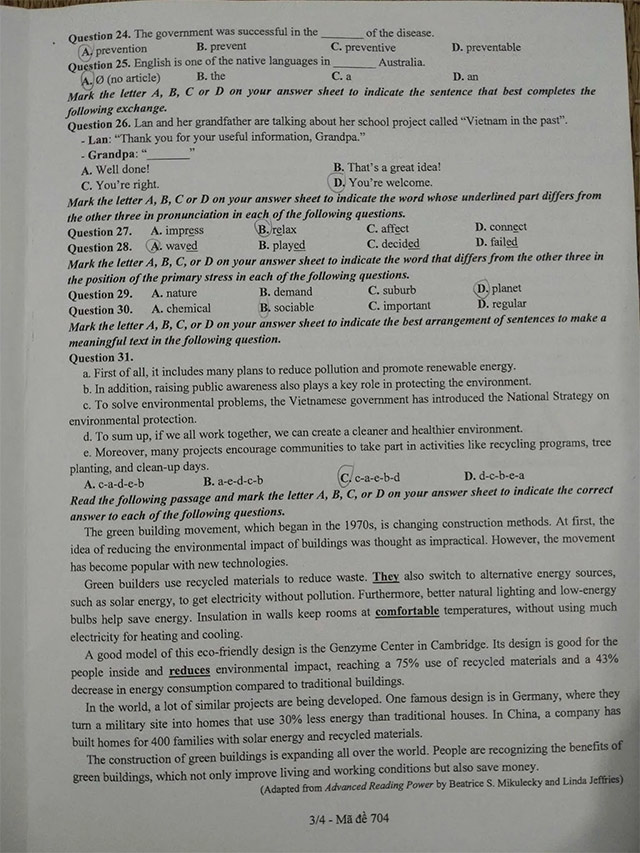 Đáp án đề thi vào 10 môn Anh Đắk Lắk