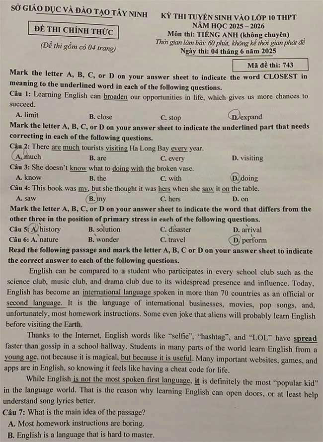 Đề thi vào lớp 10 môn Anh Tây Ninh năm 2025