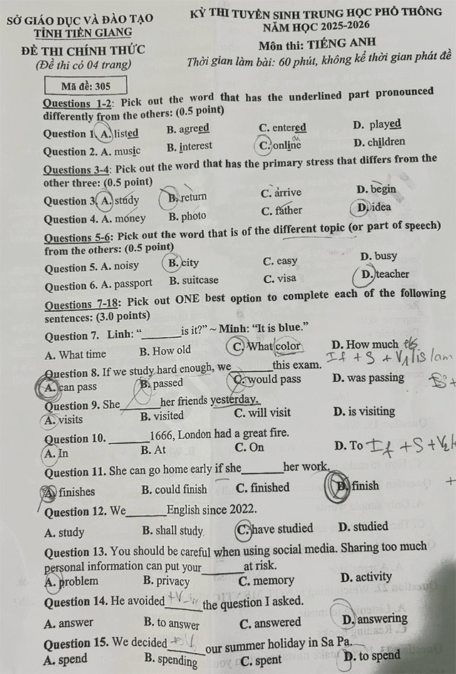 Đề thi vào lớp 10 môn Anh Tiền Giang năm 2025