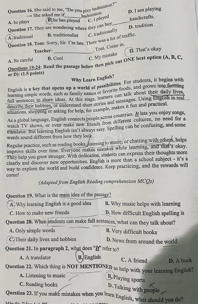 Đề thi vào lớp 10 môn Anh Tiền Giang năm 2025