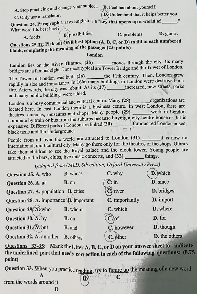 Đề thi vào lớp 10 môn Anh Tiền Giang năm 2025