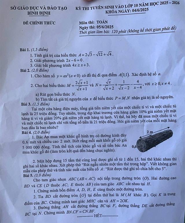 Đề thi vào lớp 10 môn Toán Bình Định năm 2025