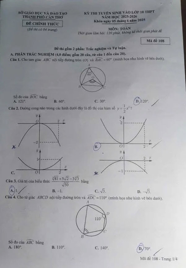 Đề thi vào lớp 10 môn Toán Cần Thơ năm 2025
