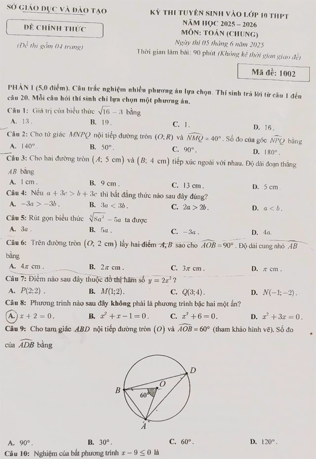 Đề thi vào lớp 10 môn Toán Đắk Nông năm 2025