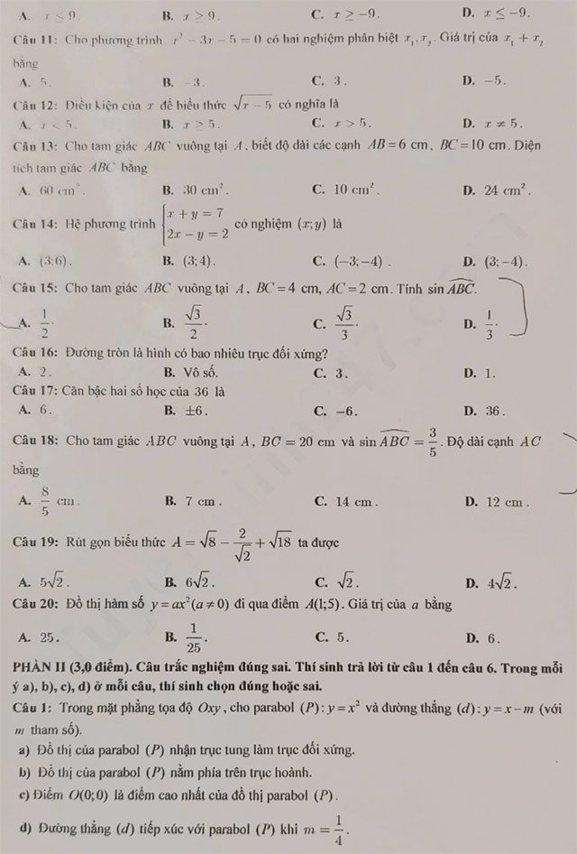 Đề thi vào lớp 10 môn Toán Đắk Nông năm 2025