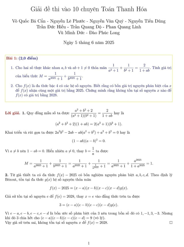 Đáp án đề thi vào 10 môn Toán Chuyên Lam Sơn 2025