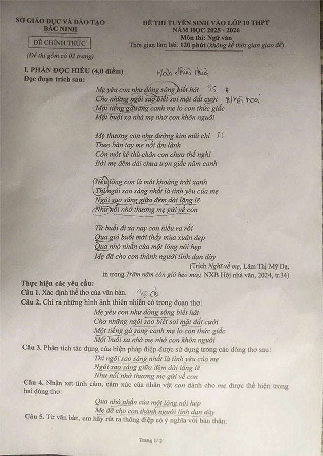 Đề thi vào lớp 10 môn Văn Bắc Ninh năm 2025