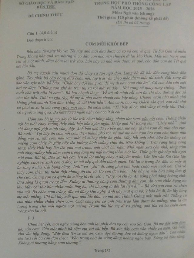 Đề thi vào lớp 10 môn Văn Bến Tre năm 2025