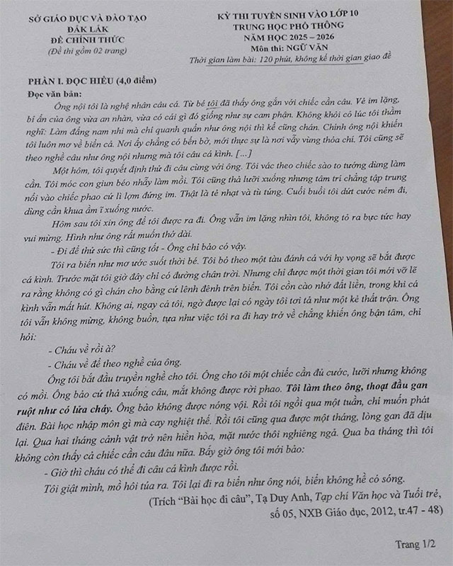 Đề thi vào lớp 10 môn Văn Đắk Lắk năm 2025