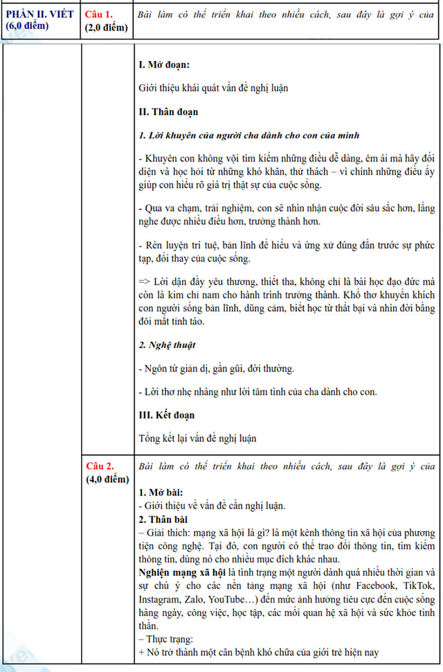 Đáp án đề thi vào lớp 10 môn Văn Đắk Nông