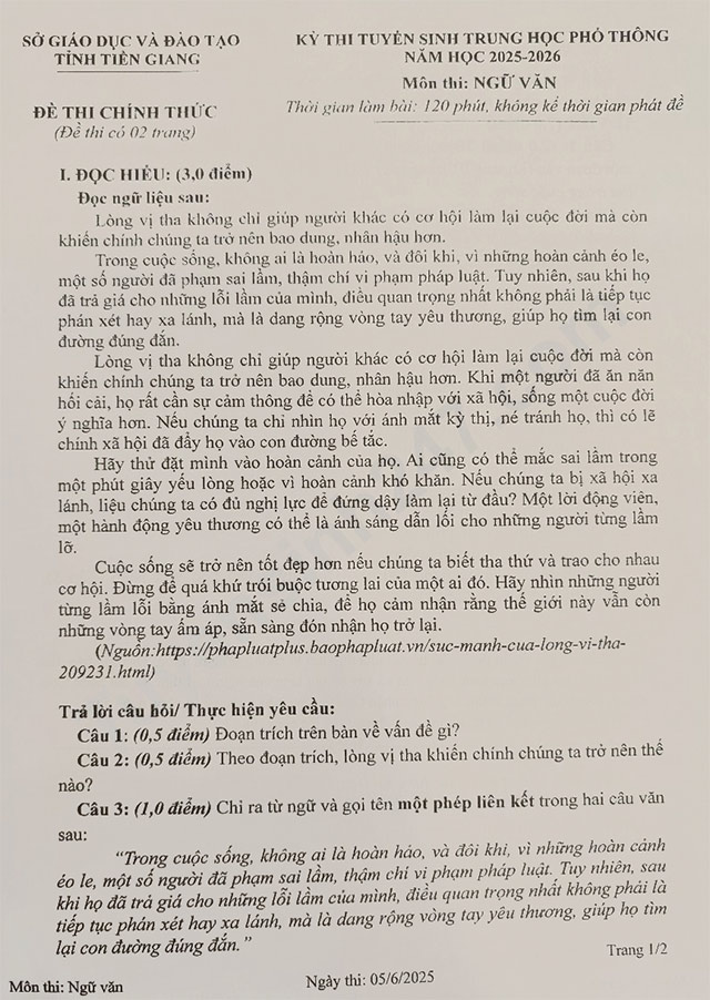 Đề thi vào lớp 10 môn Văn Tiền Giang năm 2025