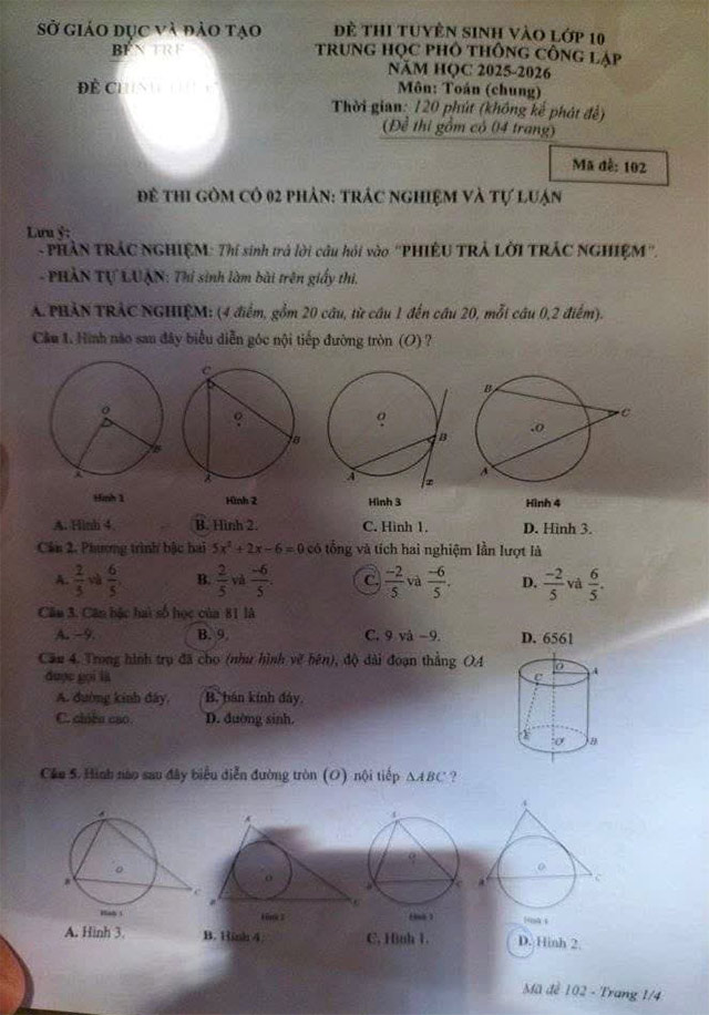 Đề thi vào 10 môn Toán Bến Tre 2025