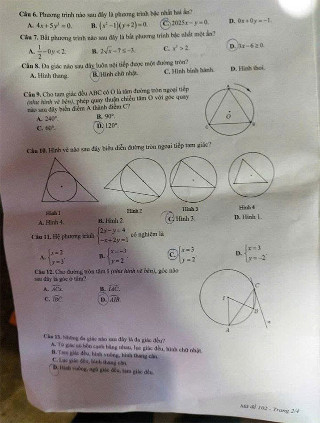 Đề thi vào 10 môn Toán Bến Tre 2025