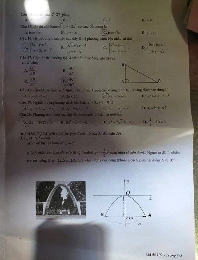 Đề thi vào 10 môn Toán Bến Tre 2025