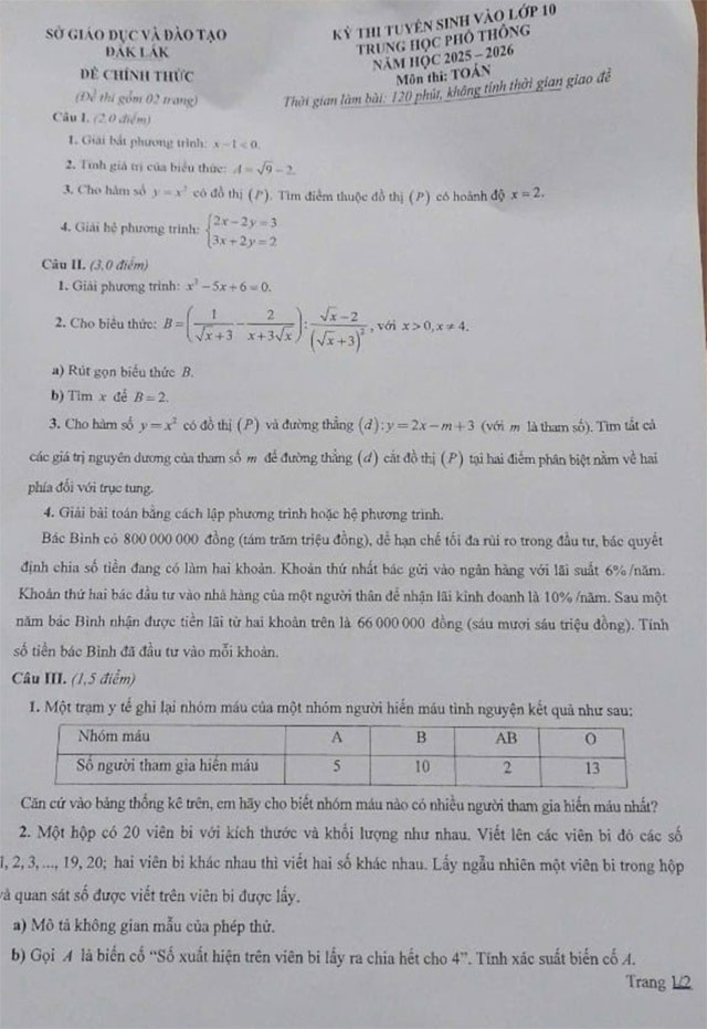 Đề thi vào lớp 10 môn Toán Đắk Lắk năm 2025