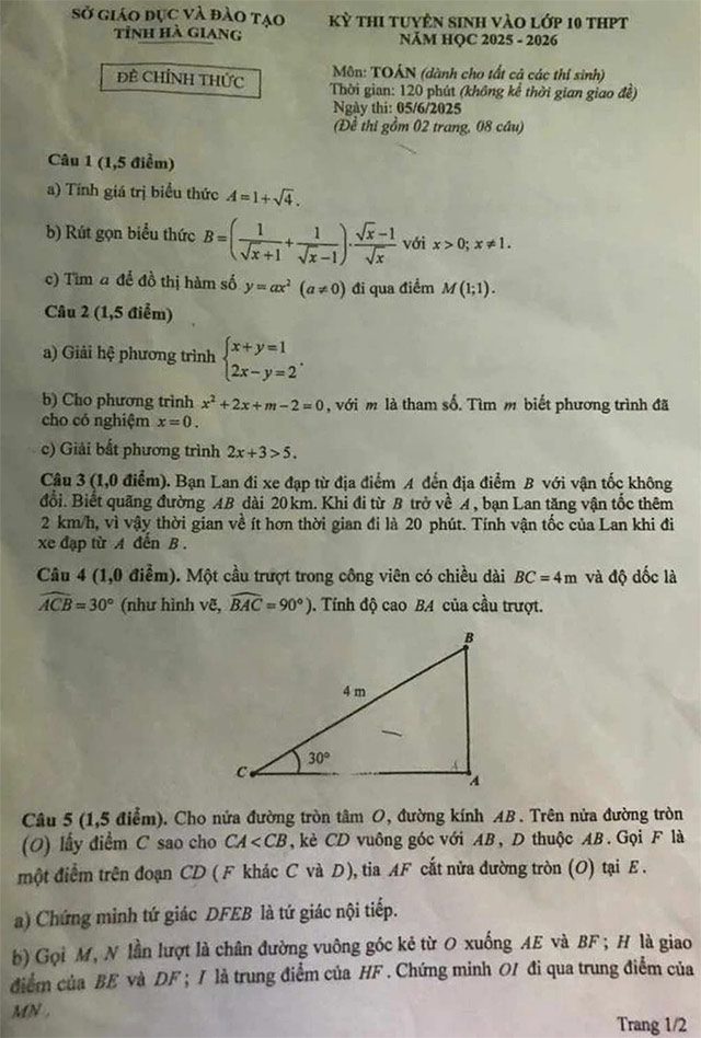 Đề thi vào 10 môn Toán Hà Giang năm 2025