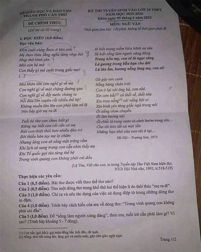 Đề thi vào lớp 10 môn Văn tỉnh Cần Thơ năm 2025