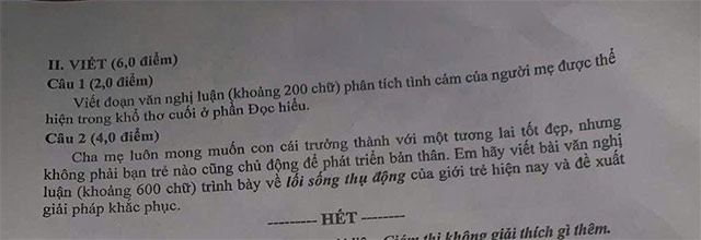 Đề thi vào lớp 10 môn Văn tỉnh Cần Thơ năm 2025