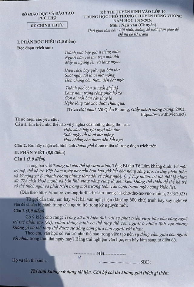 Đề thi vào 10 môn Văn Chuyên Hùng Vương 2025