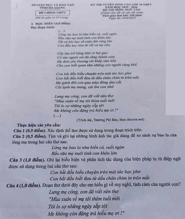 Đề thi vào 10 môn Văn Hà Giang năm 2025