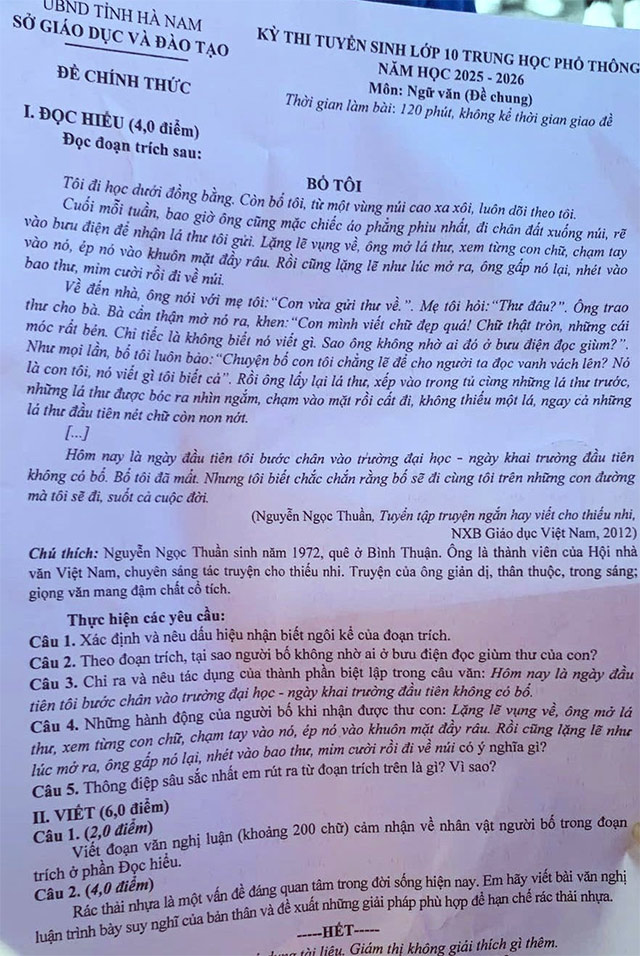 Đề thi vào lớp 10 môn Văn Hà Nam năm 2025